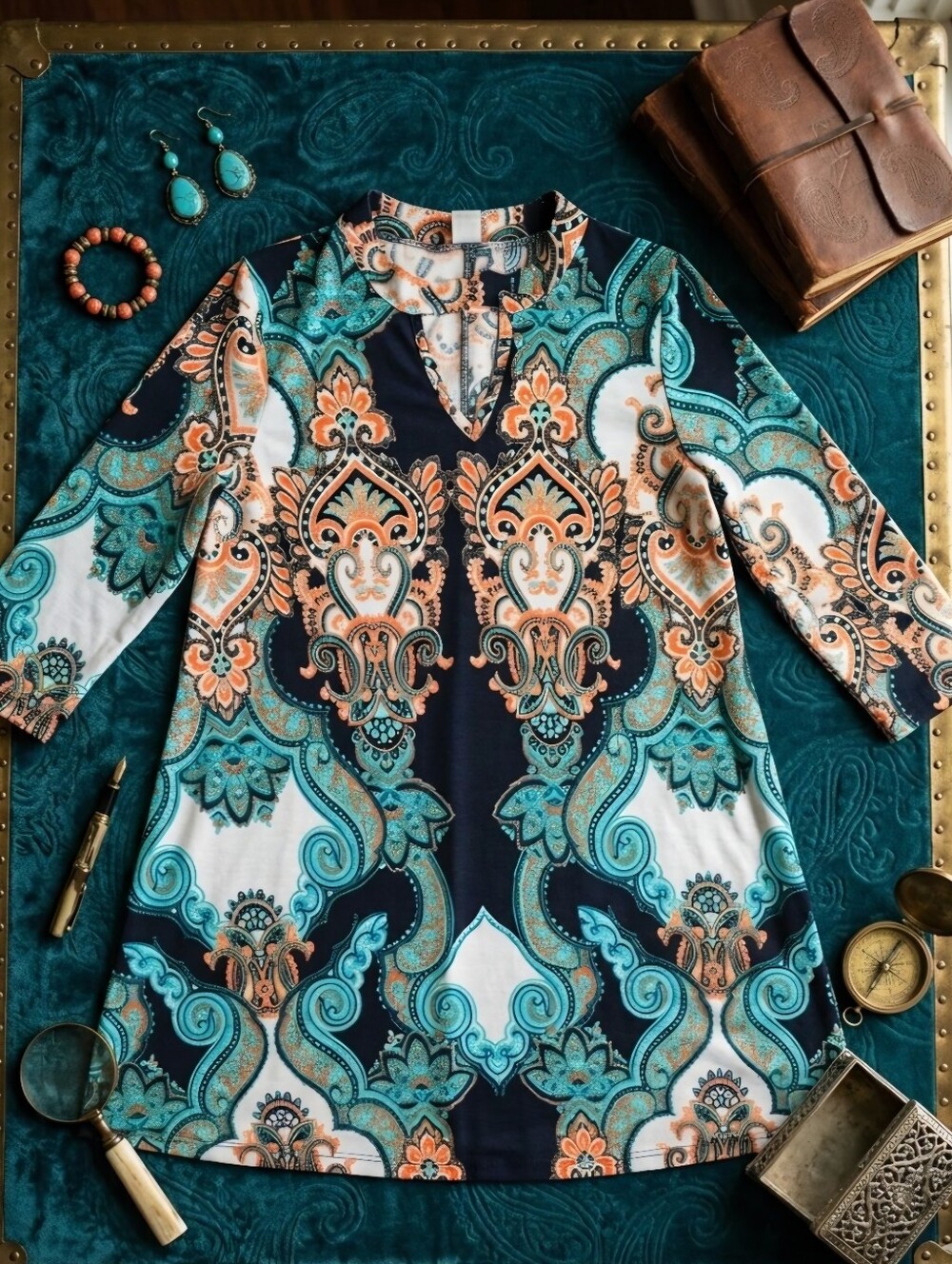 Honeyme Boho Paisley Tunic Shift Dress
